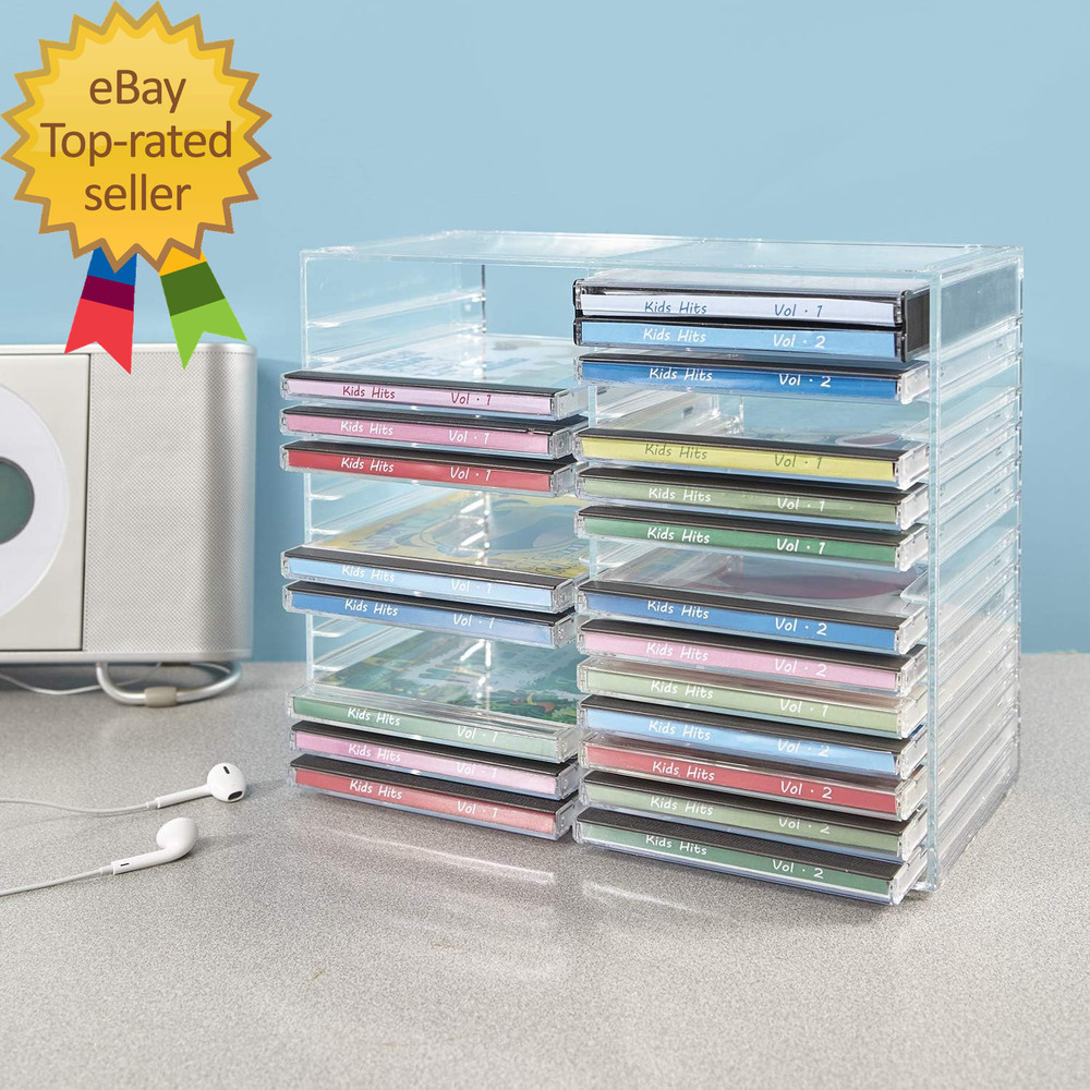 Stackable Clear Plastic CD Organizer with Rubber Feet Rectangular Jewel Cases
