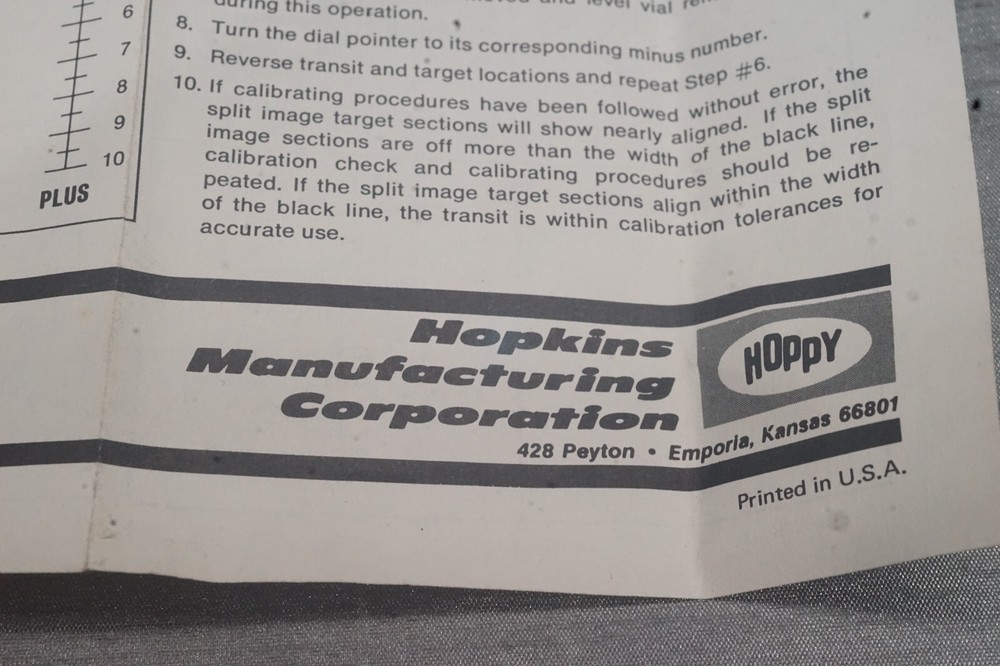 Transit Hopkins Mfg. Co. HOPPY includes; Transit, Bracket, Case, Instructions