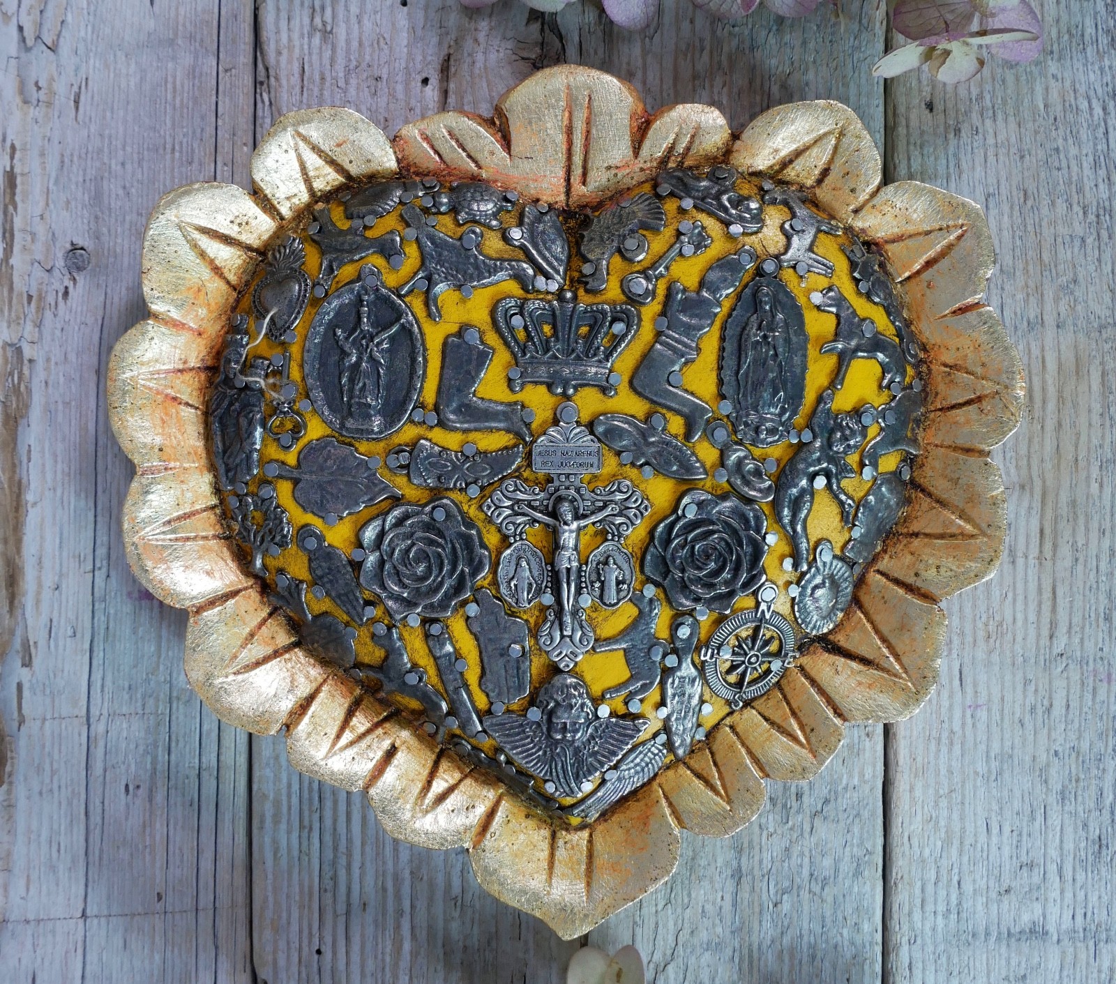 Heart With Gold Baby Feathers Milagros Wood Handmade Mexican Folk Art Love Token