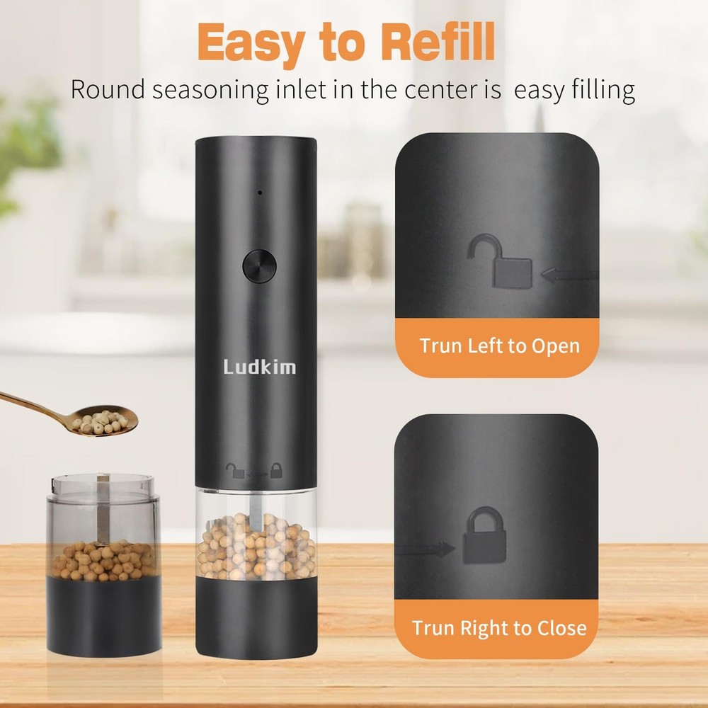 Salt & Pepper Grinder Set- Dual Pack Rechargeable Automatic Pepper Mill with ...