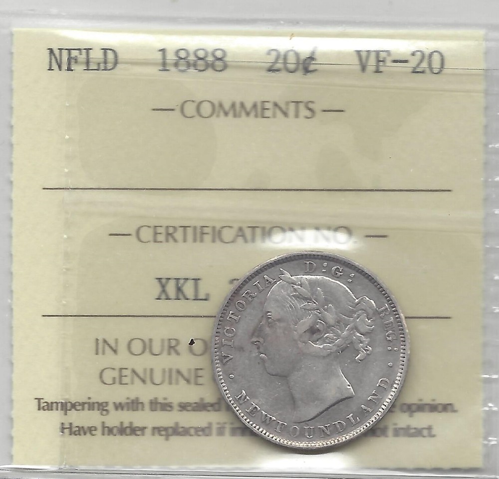 1888  ICCS Graded Newfoundland, Twenty Cent **VF-20**