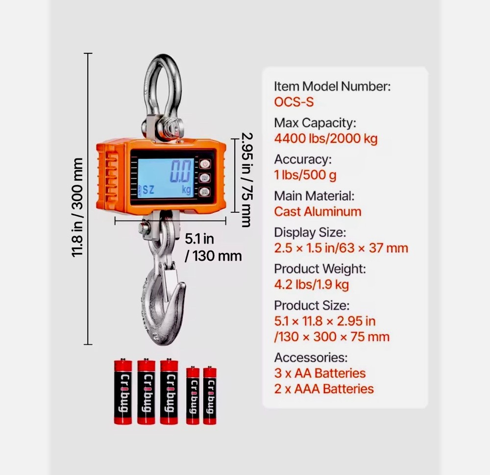 TOUGH TOOLS - Hanging Scale 2200lb Remote Control Backlit Display Auto-Off