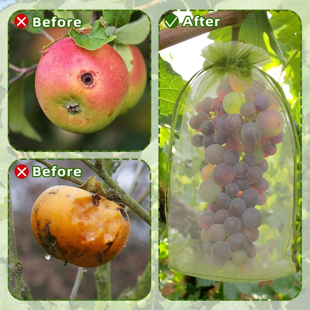 100 Pcs Fruit Protection Bags Tree Fruit Netting Mesh Bag with Drawstring