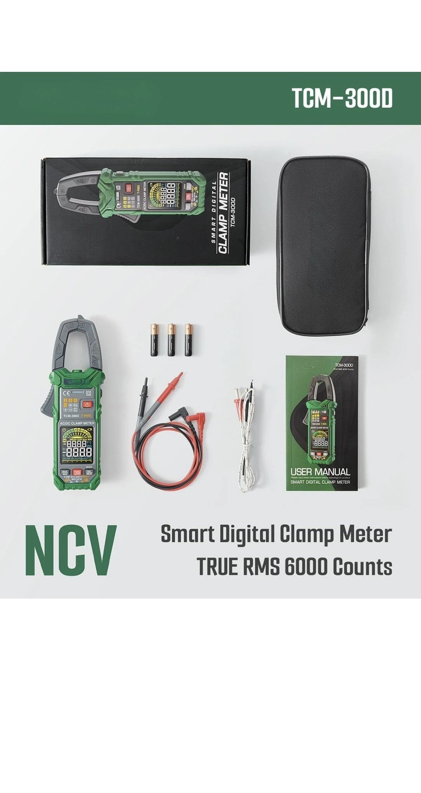 TCM-300D Digital Clamp Meter, 6000 Counts Multimeter, Auto-Ranging Voltmeter