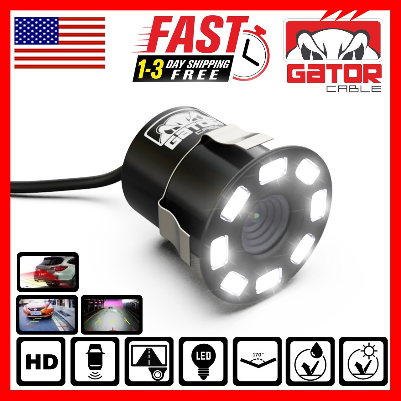 Car Rear View Backup Reverse Camera 170° CMOS 8 LED HD Night Vision Waterproof