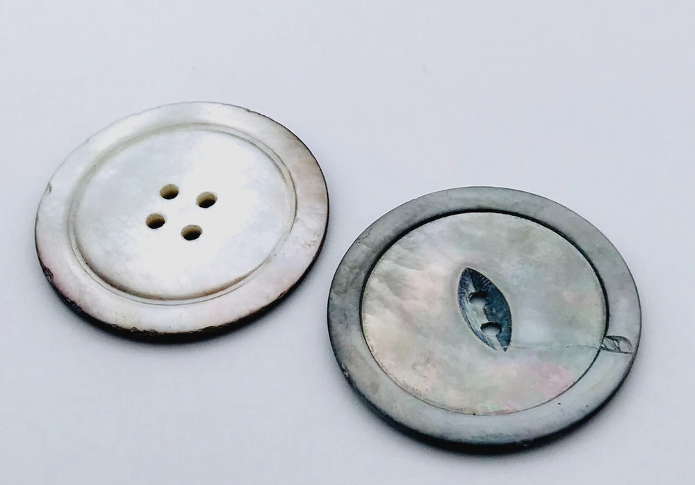 2 Large Abalone Coat Buttons Two Different Same Size Vintage Two Hole 4 Hole