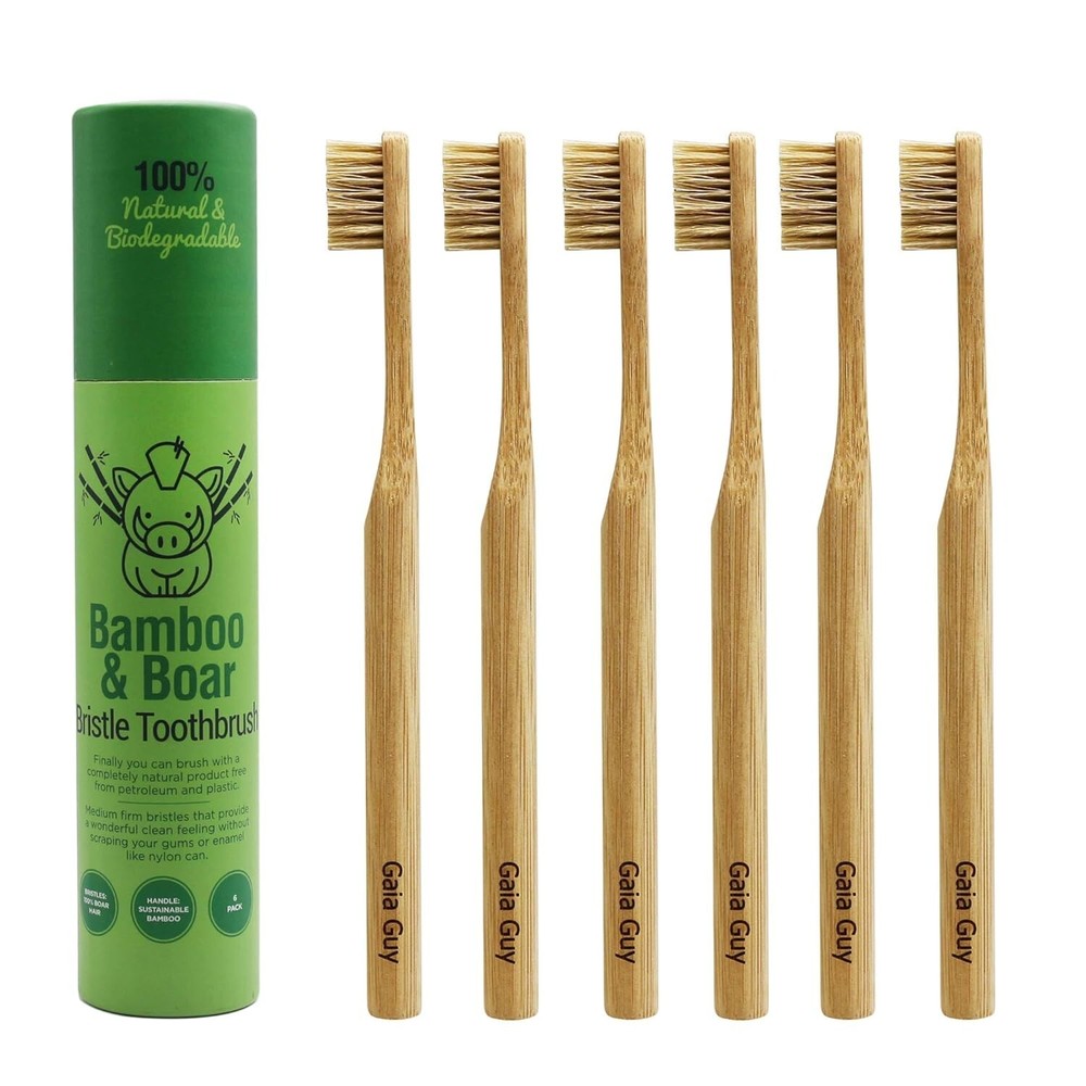 Guy Natural Bristle Bamboo Toothbrush 6Pack Compostable Biodegradable Zero Waste