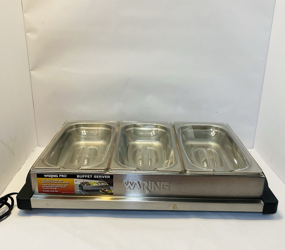 WARING PRO BUFFET SERVER WARMING TRAY WITH 3 PANS & LIDS TESTED WORKS
