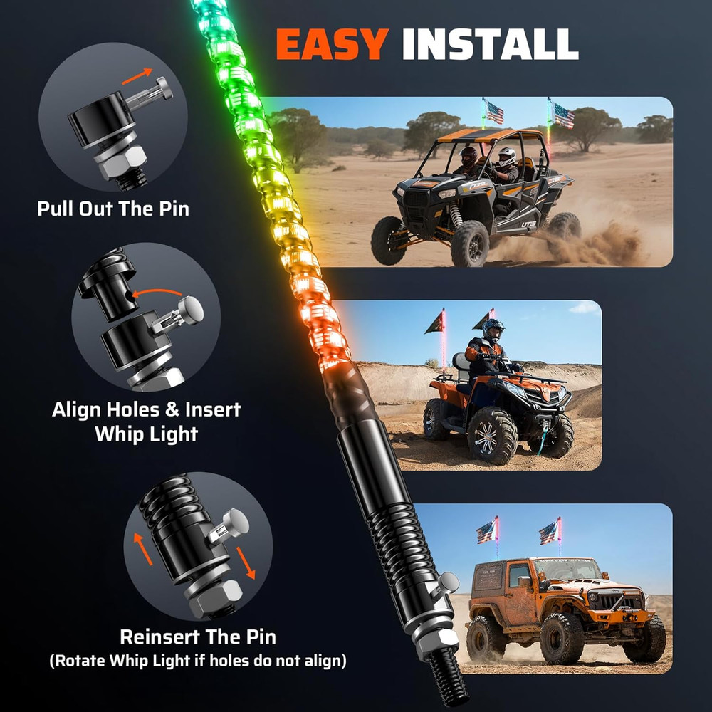 2 PCS 3FT Whip Lights with Spring Base, APP & Remote Control Led Whip Lights for
