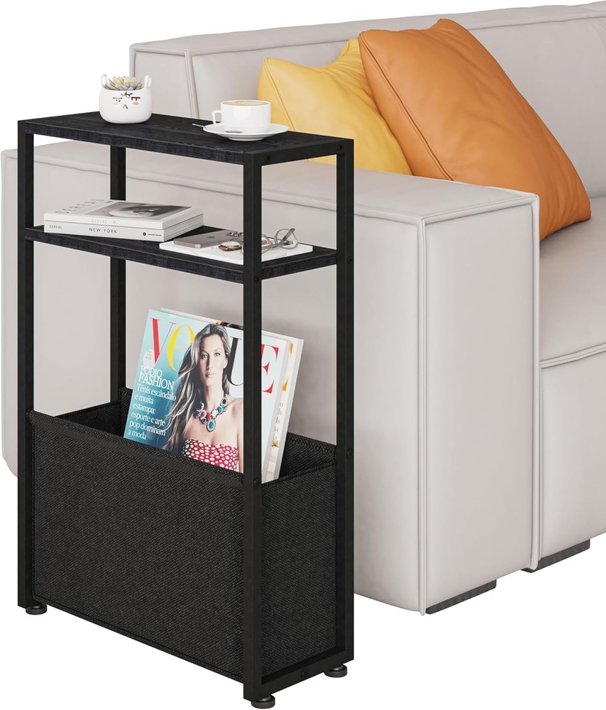 Black Side Table, Slim Side Table with Magazine Rack, Bathroom Table