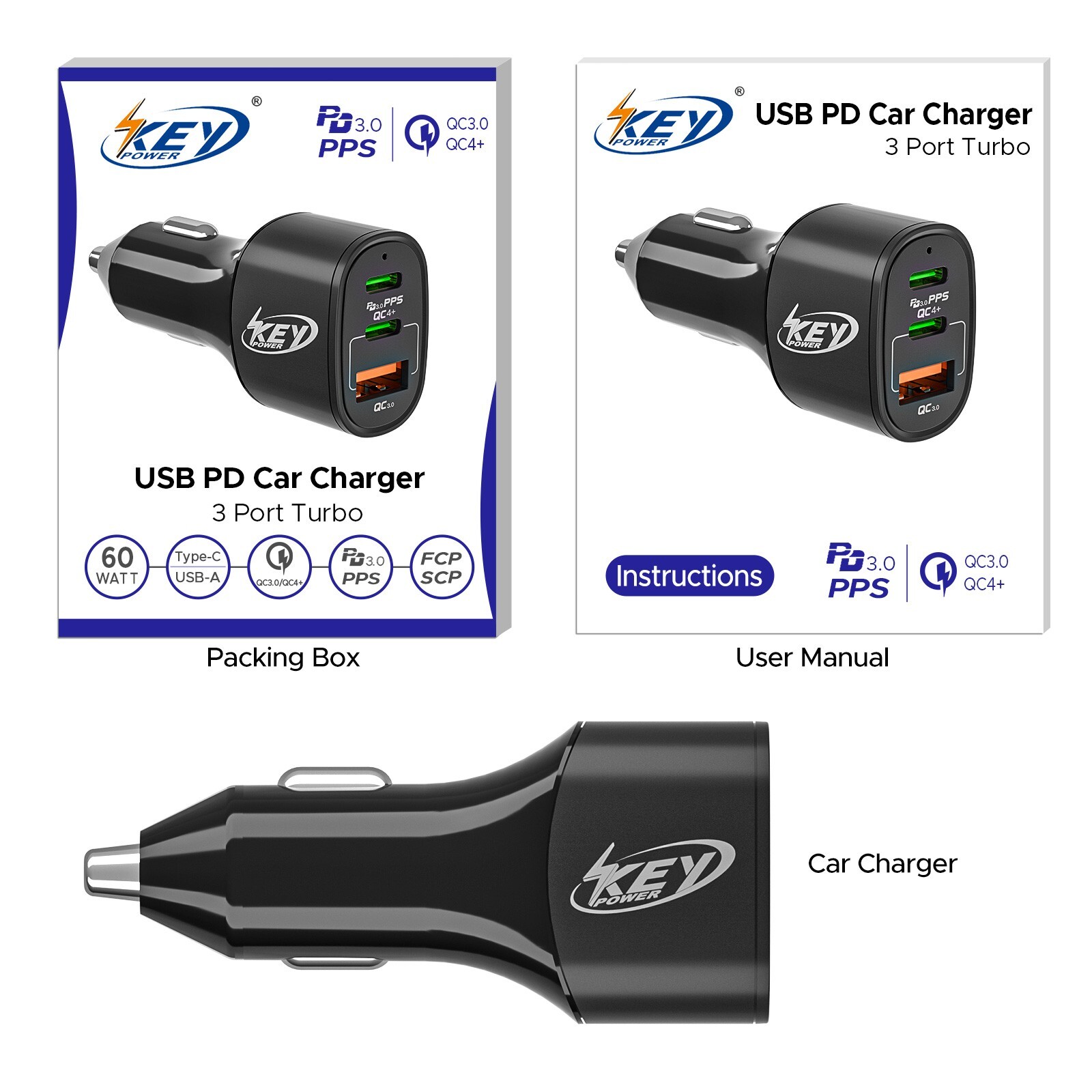 60W USB C Quick charging Car charger adapter for Samsung iPhone