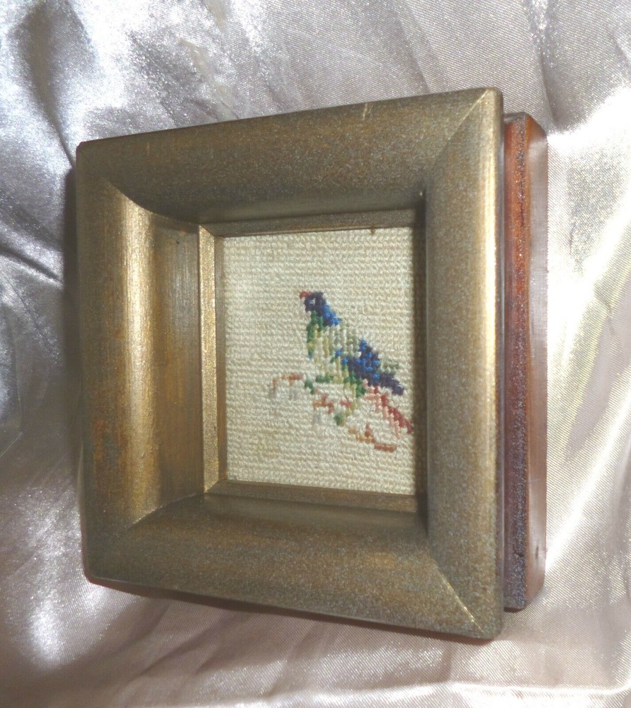 Vintage Needlepoint Small Bird Wool 4" Square Wood Frame