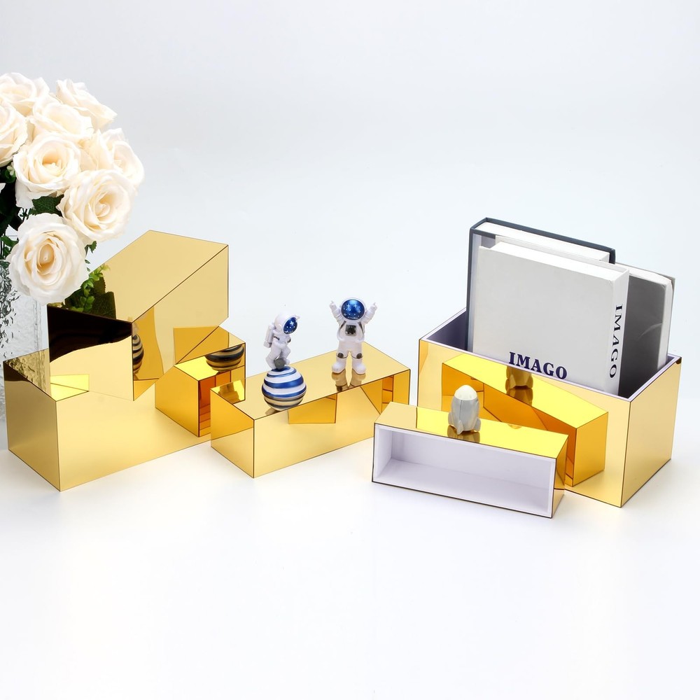 Rectangular Acrylic Food Display Risers, 5 Pcs Gold Mirror Boxes Display Nest...