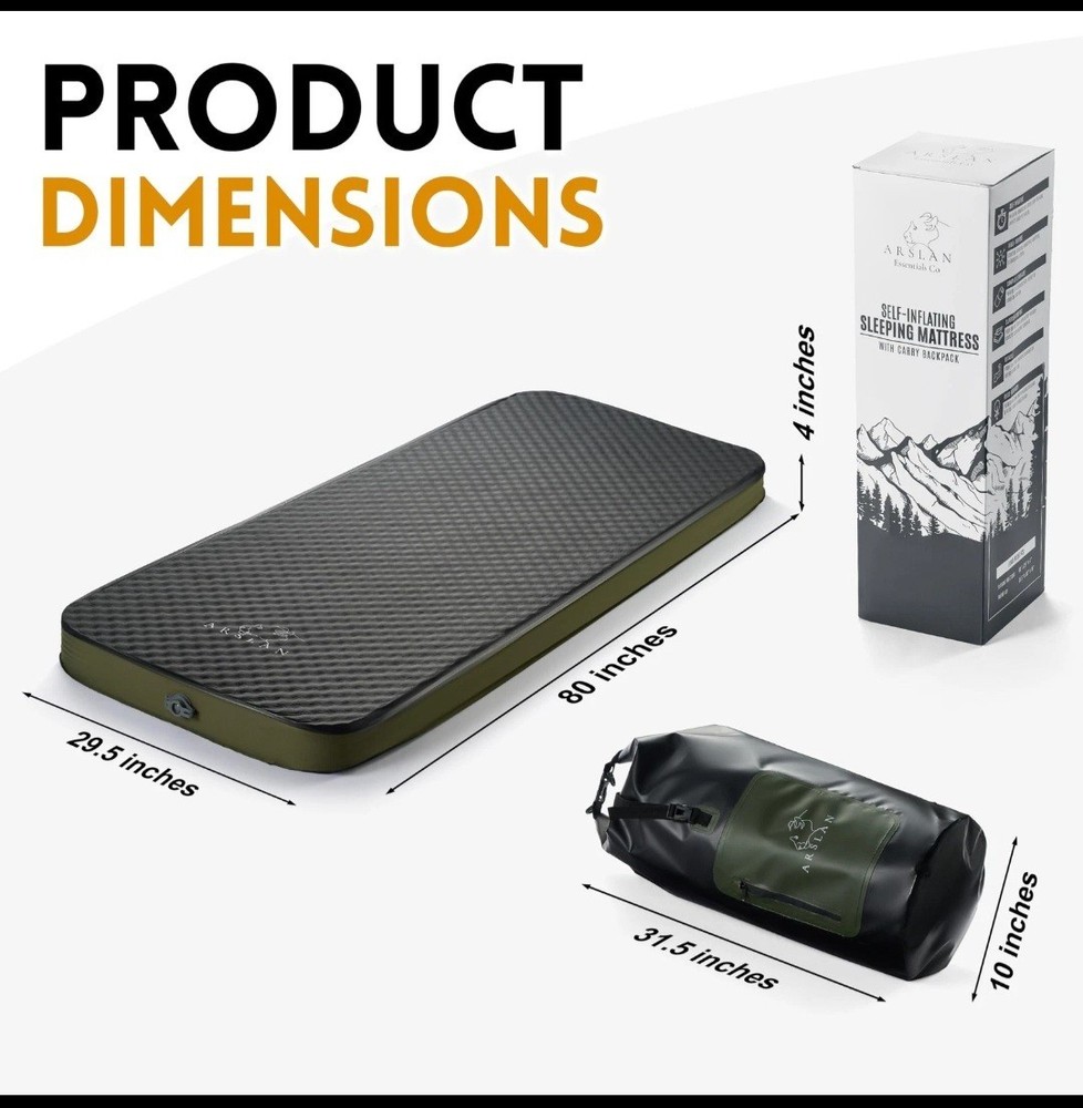 Arslan Essentials Self-Inflating Sleeping Pad 4" with Backpack. New OPEN BOX