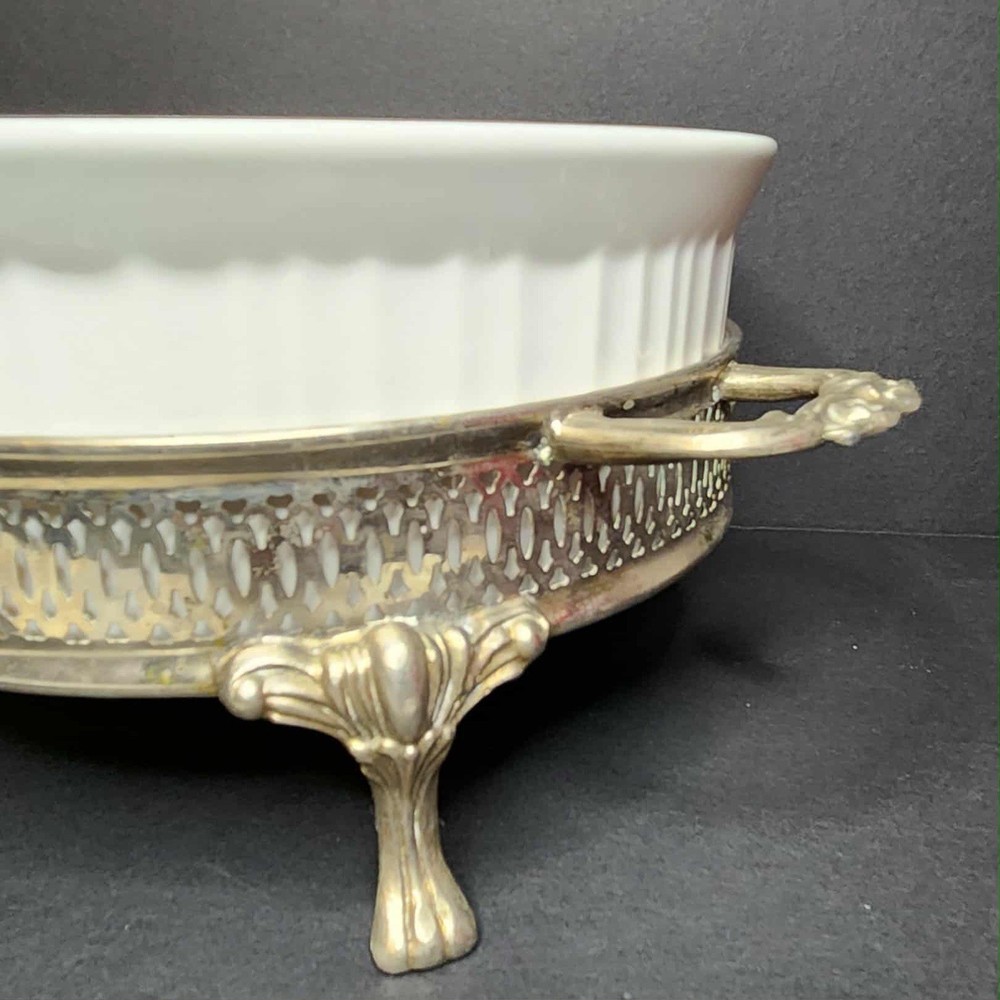 Vintage Silverplated Round Footed Casserole Dish Holder With Corning Ware Dish