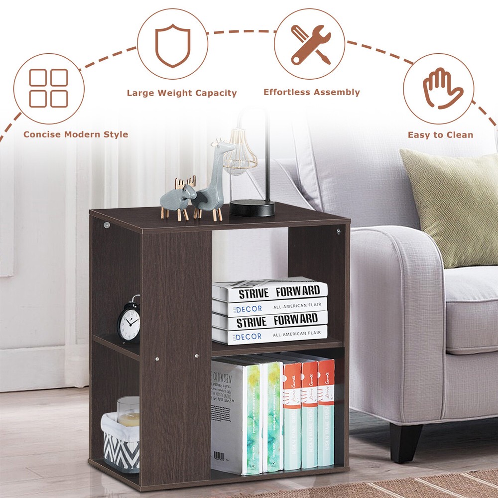 2 PCs Side End Table 2-Tier Nightstand Bedside Sofa Table w/ Shelves Brown