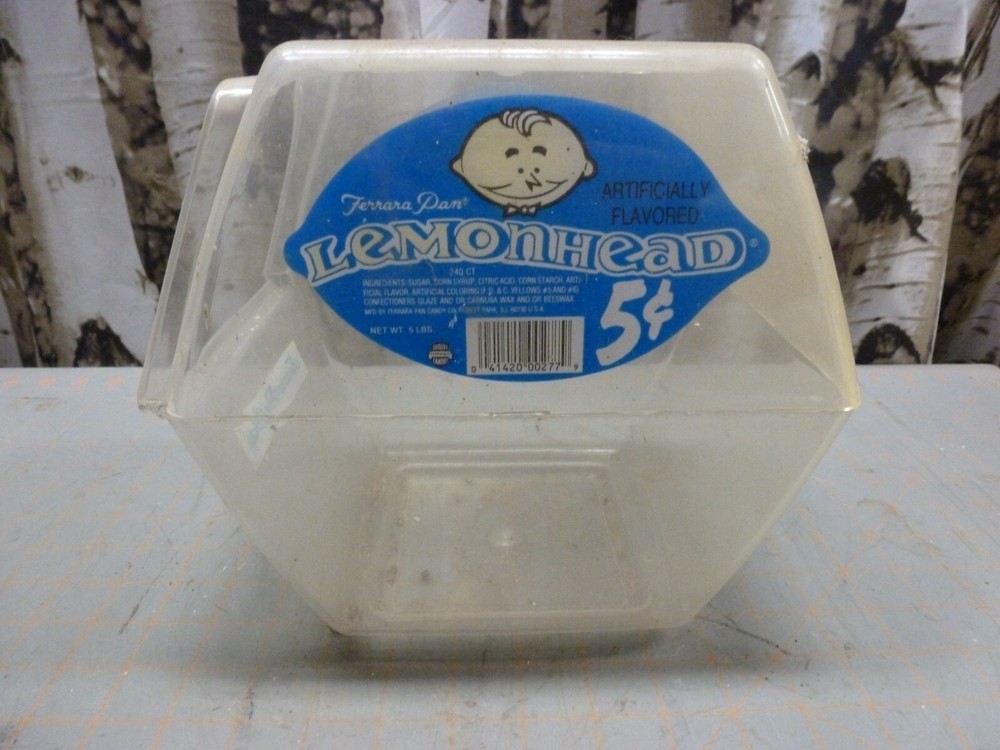 (E) VTG EMPTY Lemon Head Pan Ferrara Candy Counter Jar, Plastic Container
