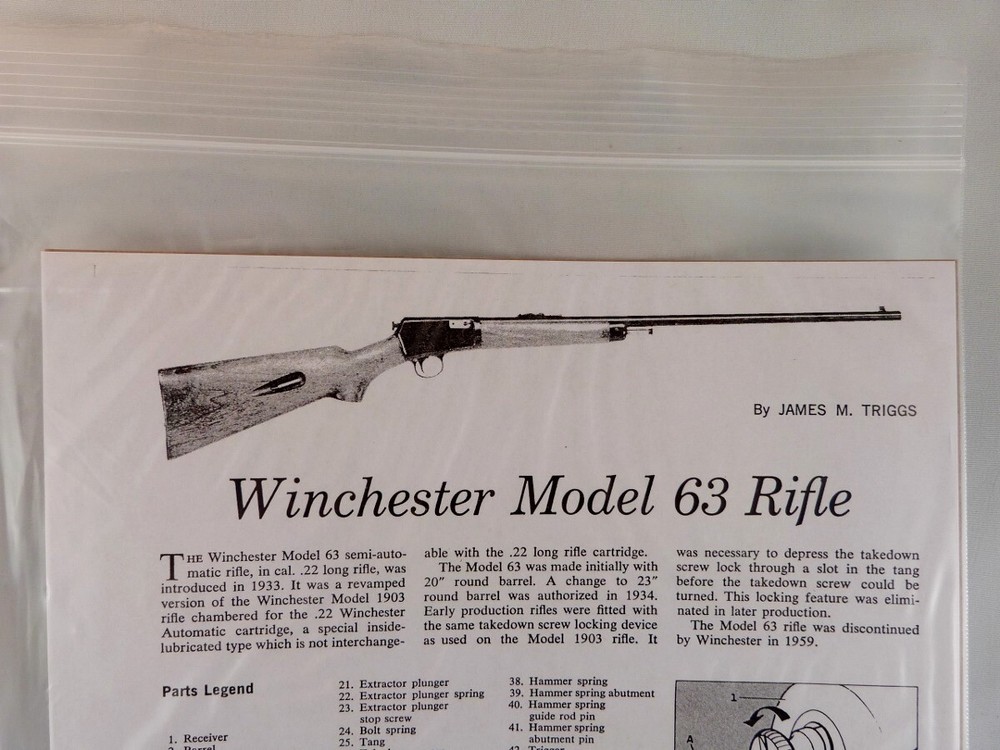 WINCHESTER MODEL 63 RIFLE BREAK DOWN INSTRUCTION KIT