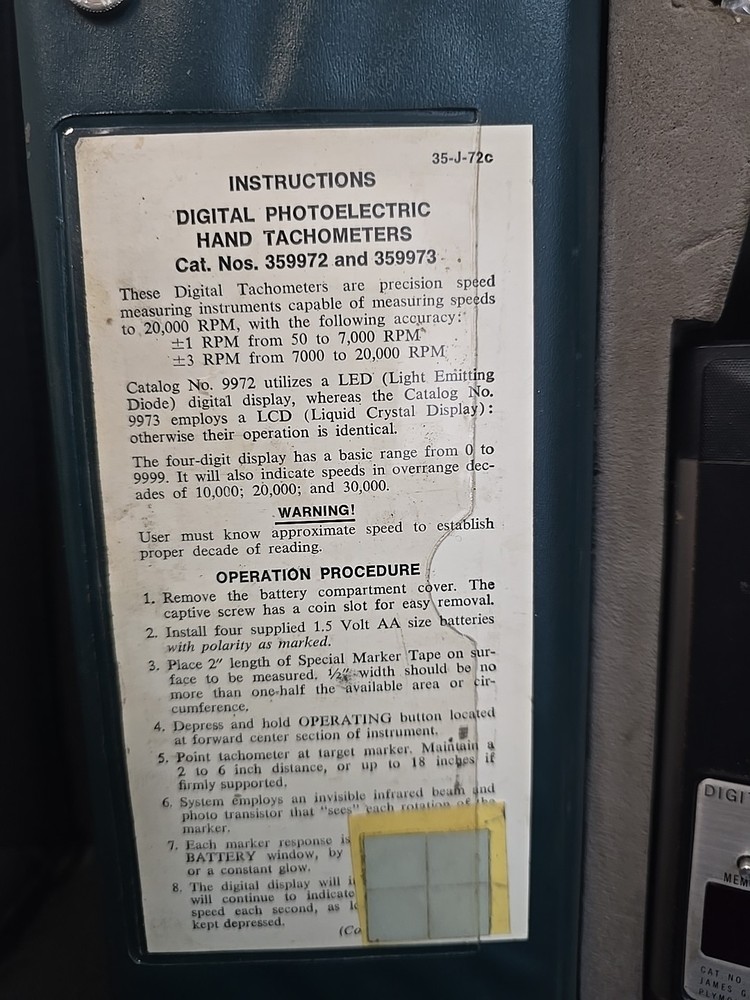 Biddle Instruments Cat. No. 359972 Digital Tachometer With Case