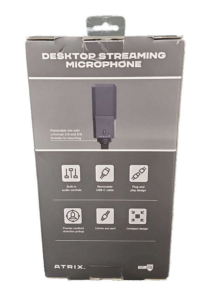 Atrix 309736 Black Compact Built-In Audio Control Desktop Streaming Microphone