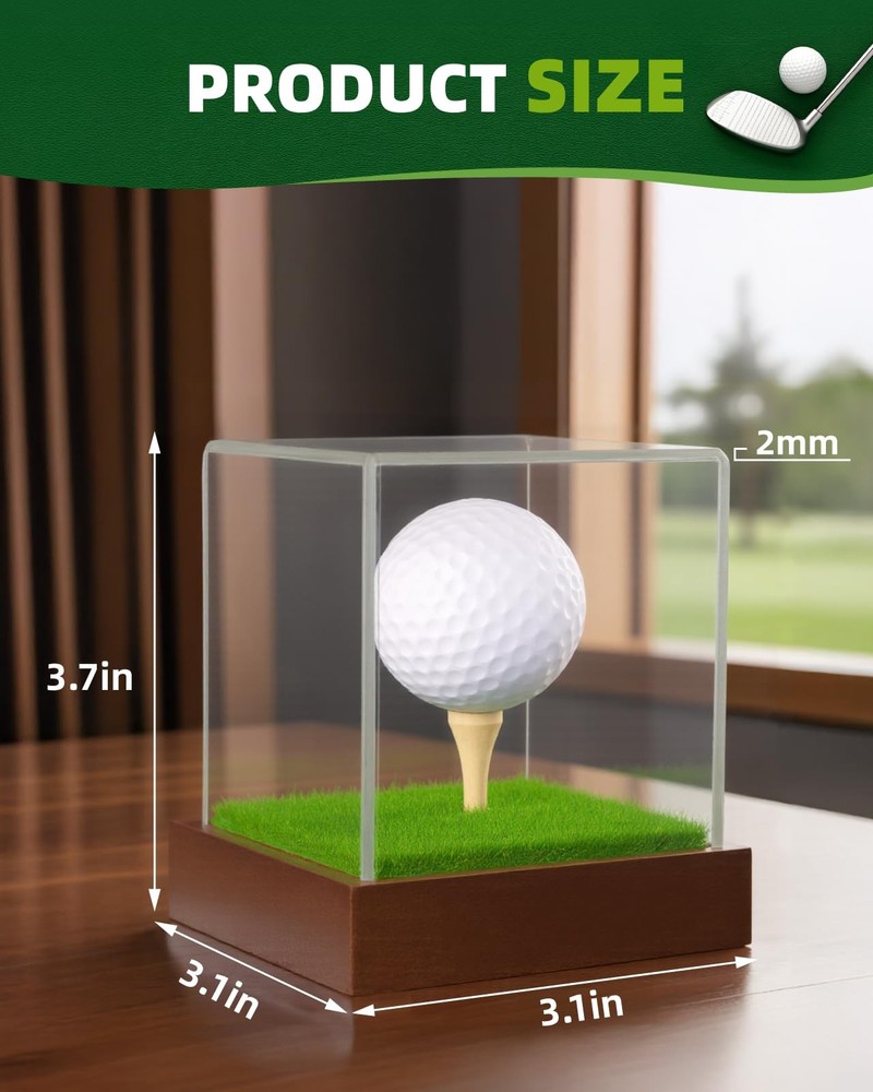 Golf Ball Display Case - Clear Acrylic Cube with Solid Wood Base & Tee, Anti-...