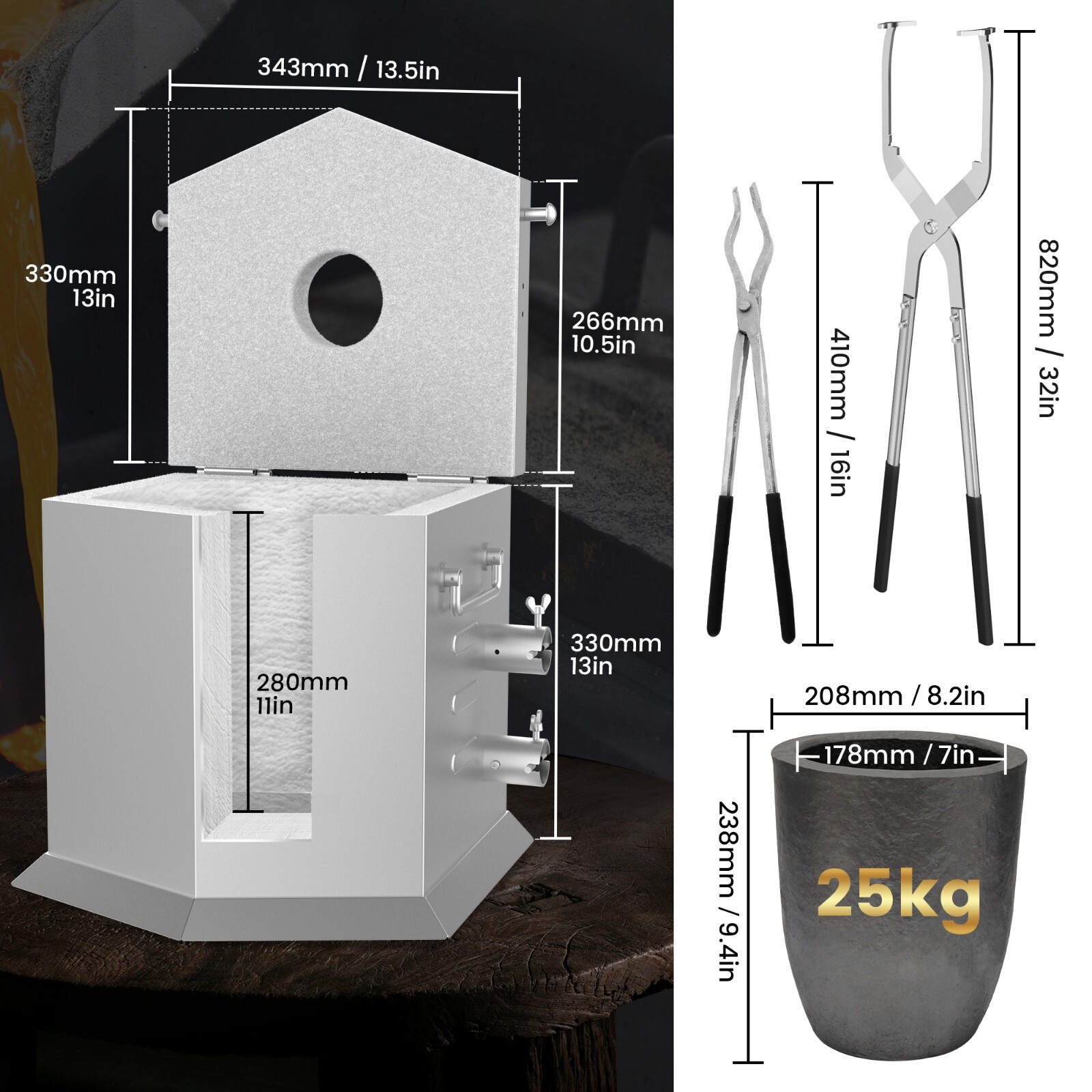 25KG Propane Furnace Kit w/ 2 Crucible Tongs,Smelting Gold Metal Recycle 2700℉