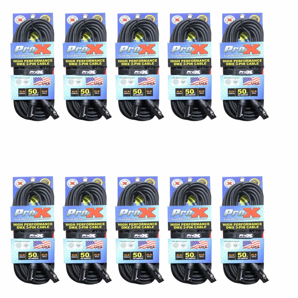 10 DMX Cables 3 Pin 50 ft High Performance DJ Lighting Cable - Data Cable PROX