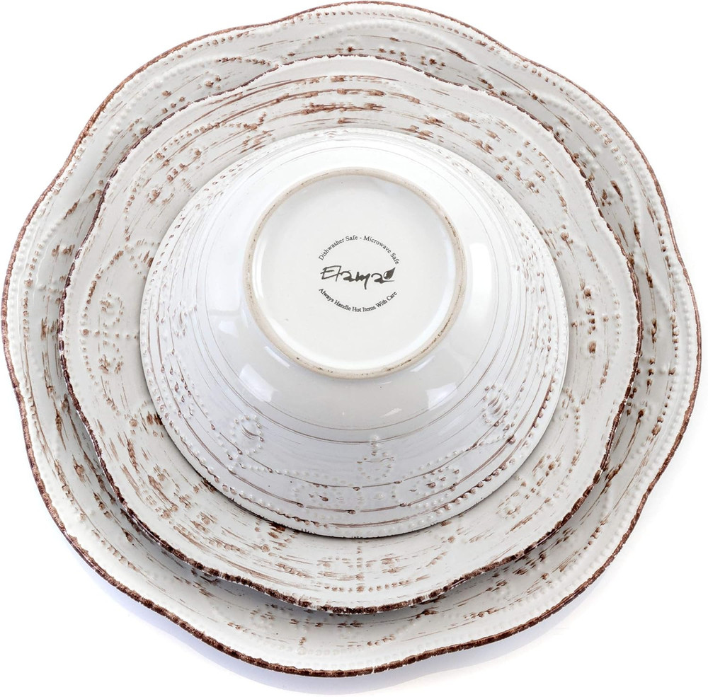 Rustic Birch 16 Piece Embossed Scalloped Stoneware round Dinnerware Set in White