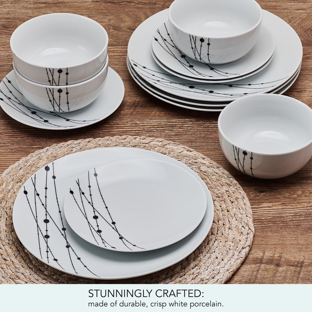 Linear Symphony White Dinnerware Set 12 Piece Porcelain Kitchen Set