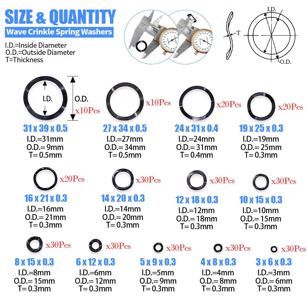 320Pcs Carbon Steel Compression Type Wavy Wave Crinkle Spring Washers Assortment