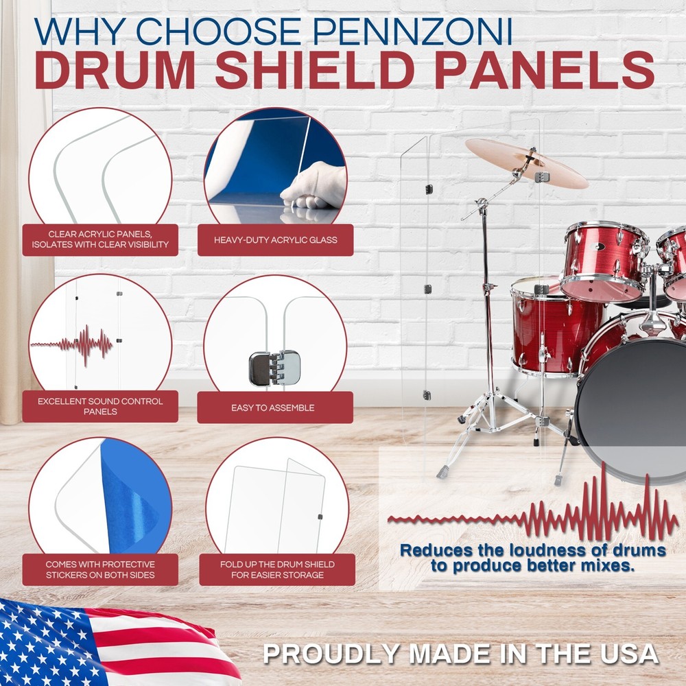 DS4 Professional Drum Shield - Five Clear Acrylic Panels with Chrome Hinges