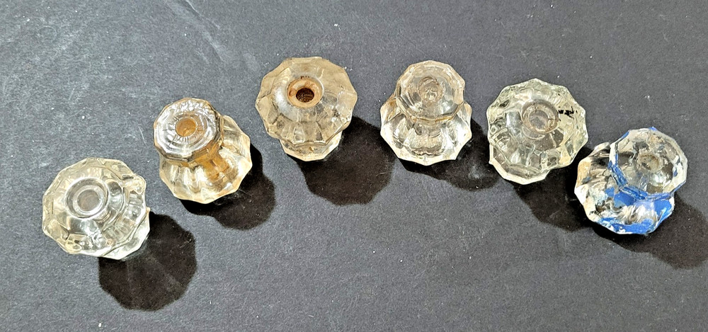 6 Clear Glass 10 Sided Drawer Pull Knobs Vintage 1-1/8" tall