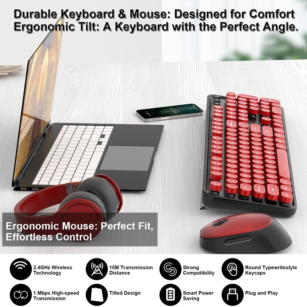 Wireless Keyboard, Mouse, Retro Typewriter, Round Keycaps, Black, Red, Full-Size