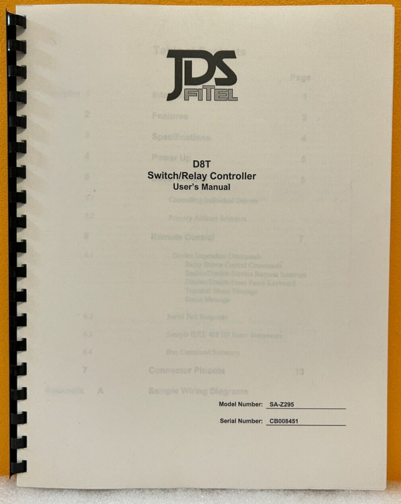 JDS Fitel SA-Z295 D8T Switch/Relay Controller User's Manual.