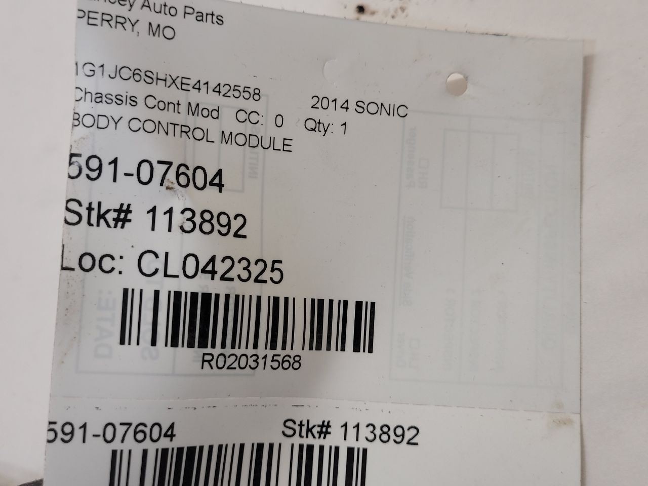 2013-2014 CHEVROLET SONIC Body Control Module BCM 13589097