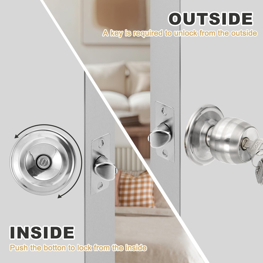 Entry Door Knobs with Key Stainless Steel Round Ball Lock 60mm (2-3/8") Backset