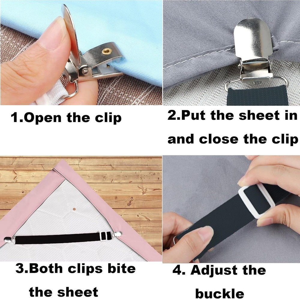 10 pcs Adjustable Bed Sheet Straps,Bed Sheet Clips, Elastic Bed Fitted White
