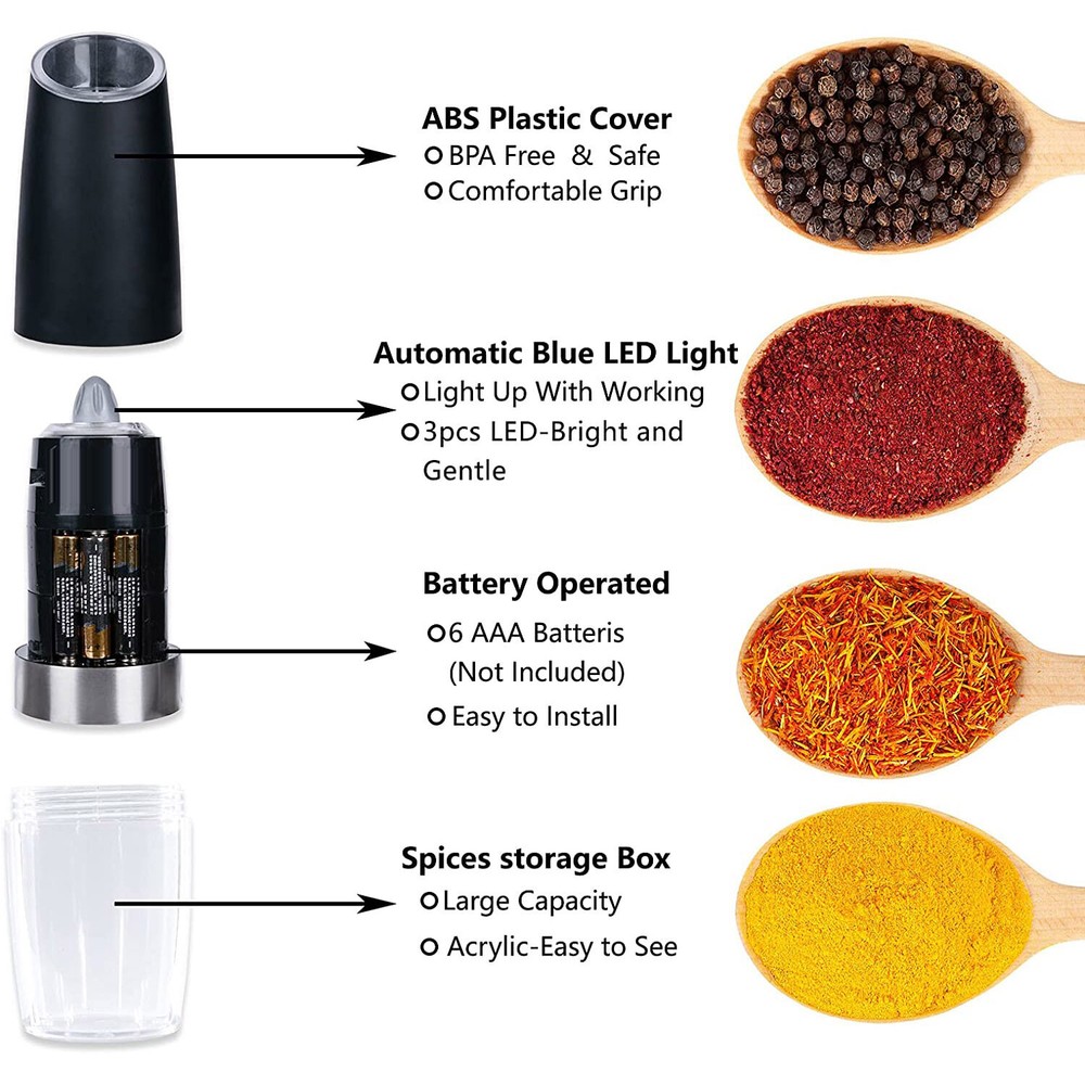 Automatic Gravity Electric Salt Pepper Mill Grinder LED Light Stainless Steel