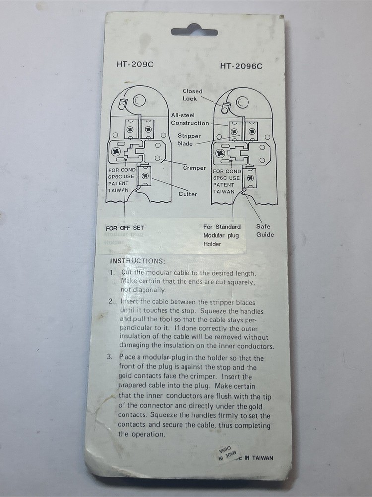 NOS Modular Telephone Plug Crimping Tool HT-2096C Crimping Standard Modular Plug
