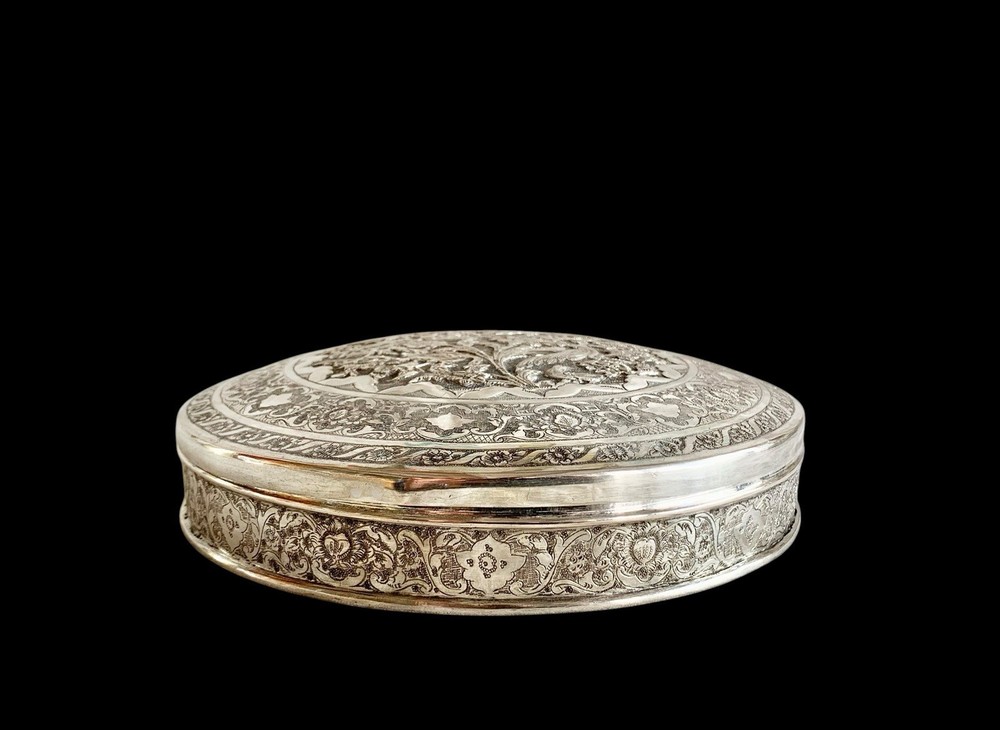 Antique Islamic Perisan Solid Silver 84 Box Engraved Galamzani Signed