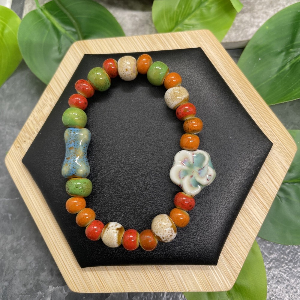Handmade Ceramic Bead Beaded Stackable 6” Plus Stretch Bracelet New B8995