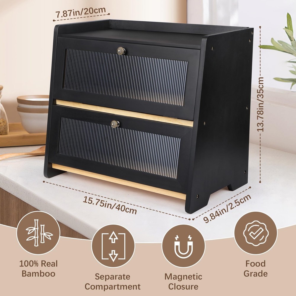 VEDALIO Bread Box For Kitchen Countertop, Black Breadbox, Bread Boxes for Kitche