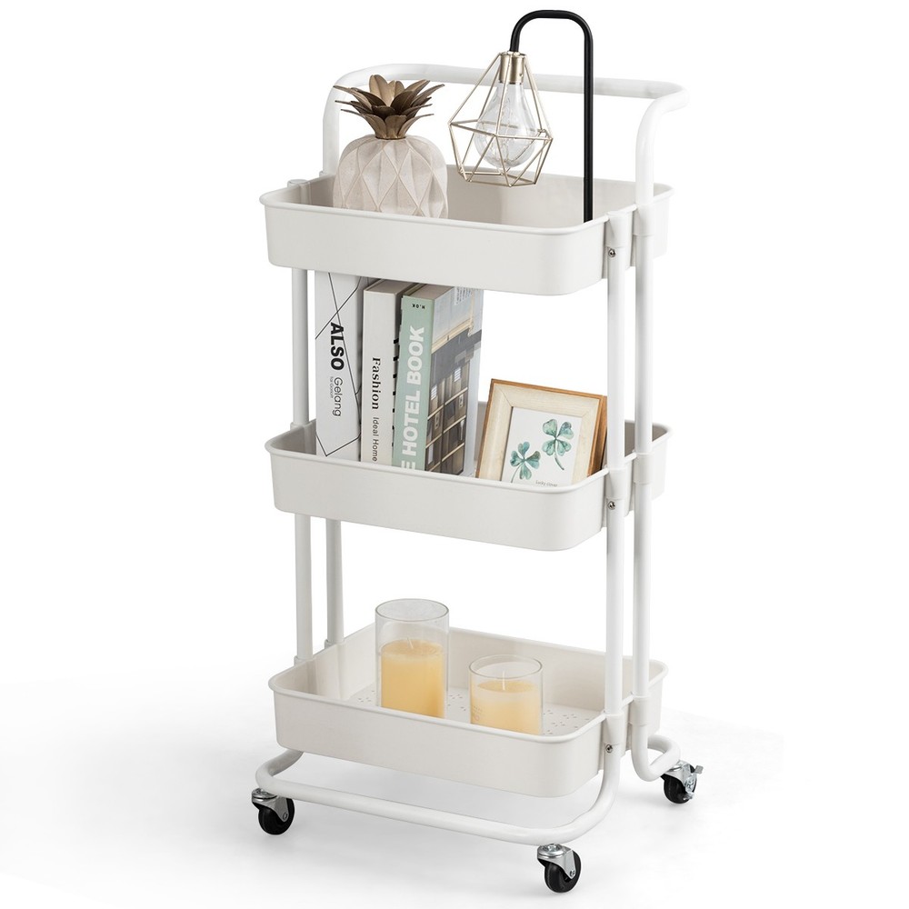 3 Tier Rolling Cart with Wheels Practical Handle & ABS Basket Organizer White