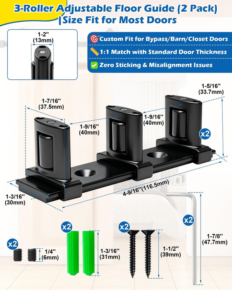 3-Roller Adjustable Sliding Closet Door Floor Guide - 2 Pack, Black