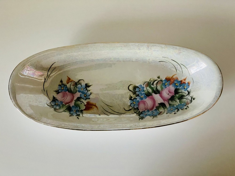 TK Czechoslovakia Hand Painted Lusterware Bread Celery Dish Iridescent Oval Dish