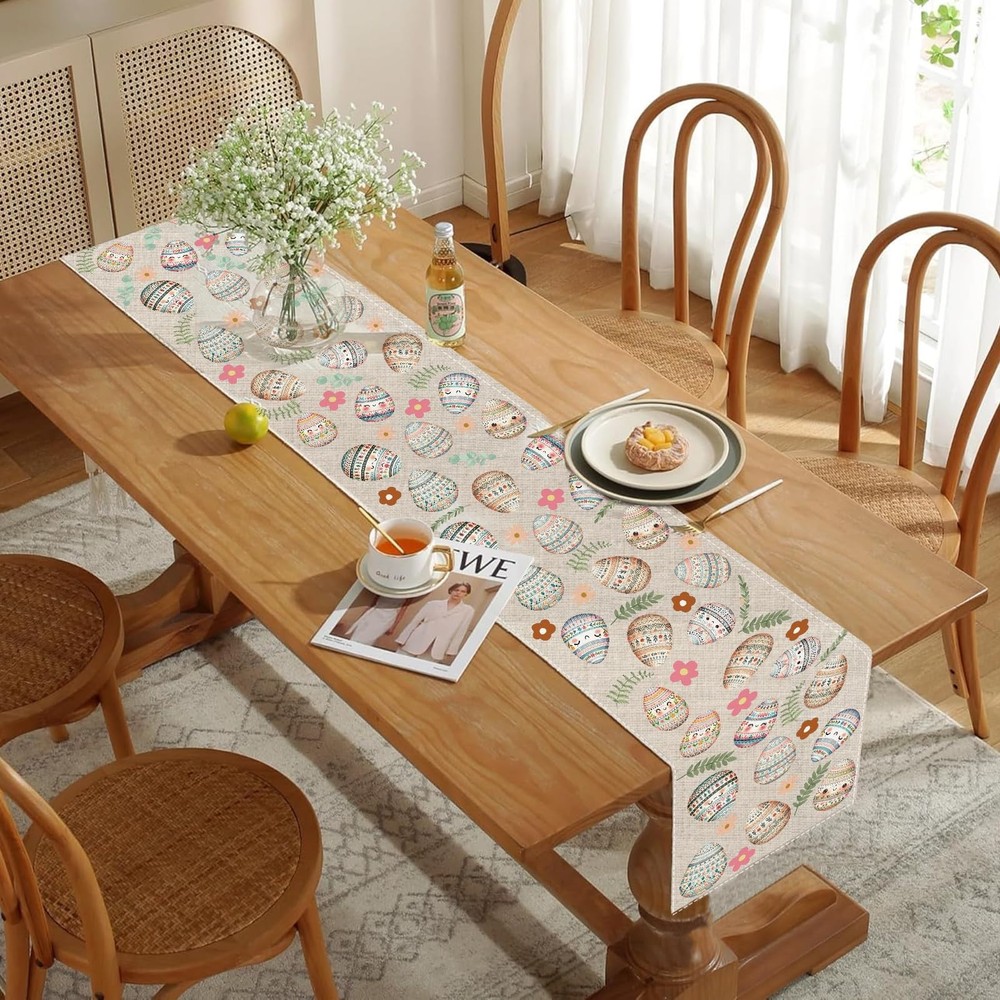 Easter Eggs Table Runner Eggs And Leaves Pattern White 13x72 Inch