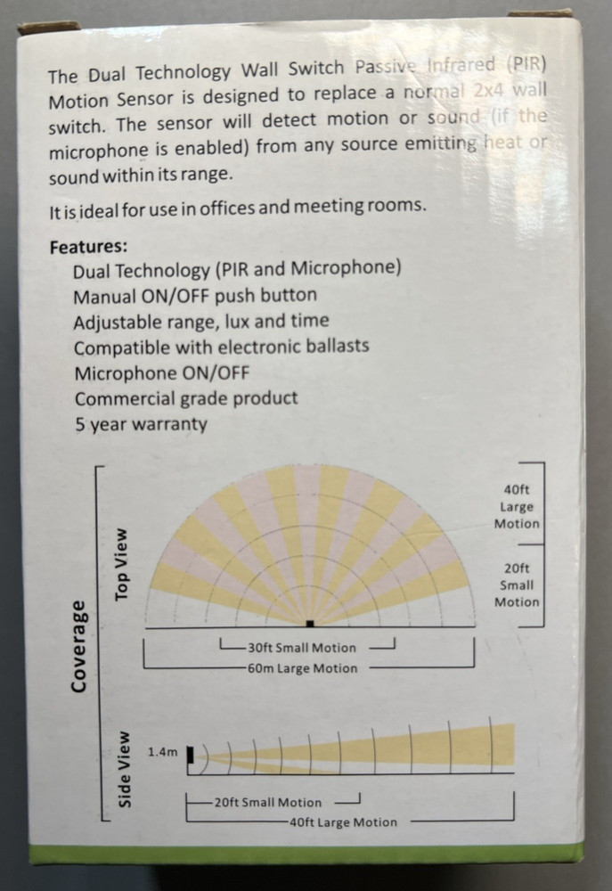 Dual Technology SK902IN Passive Infrared Microphone Wall Switch Motion Sensor