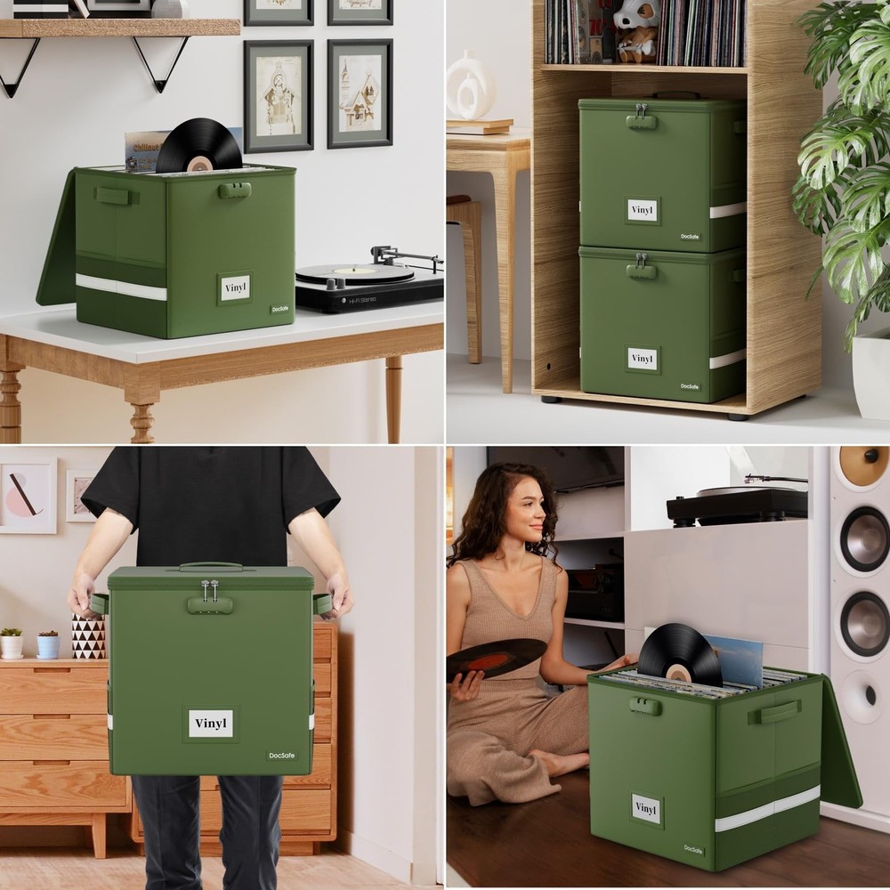 DocSafe Vinyl Record Storage Box with Lock, Fireproof＆Water Resistant Rec