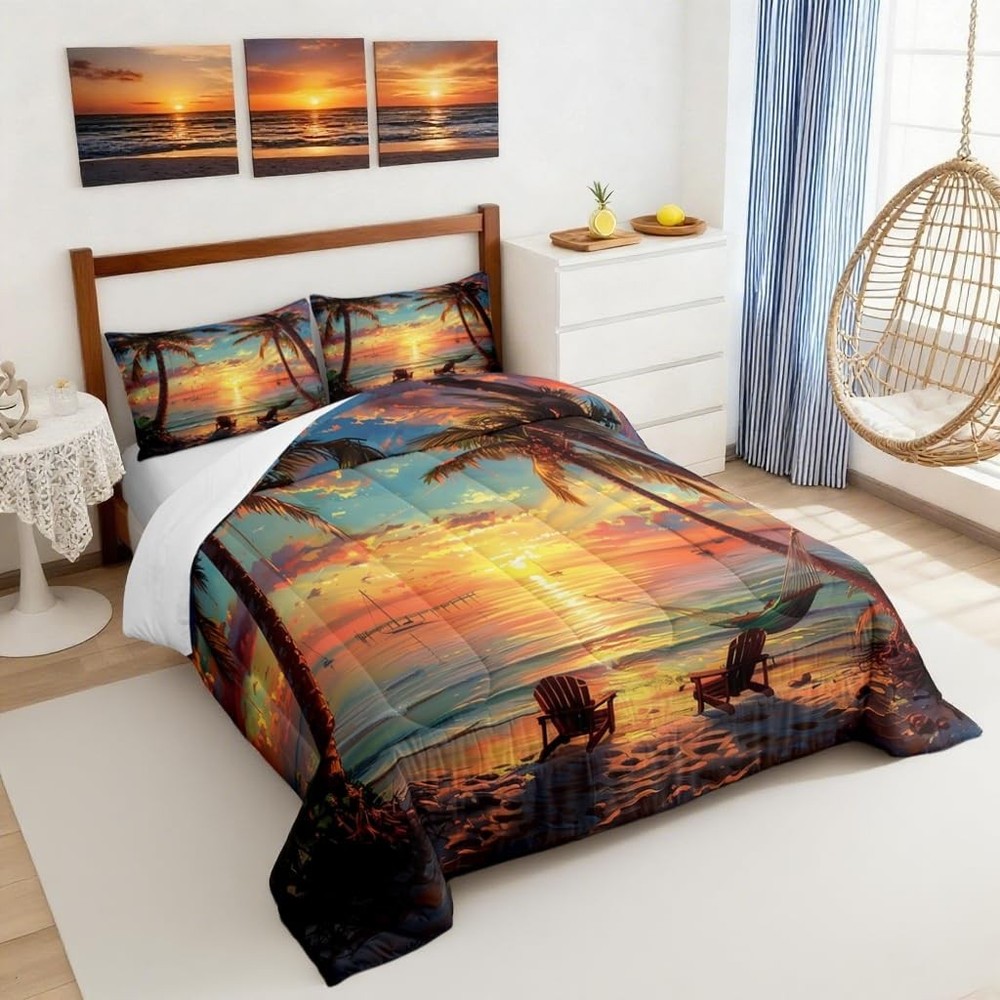 Tropical Sunset Palm Tree Bedding Comforter Sets Queen,Ocean Queen, Orange