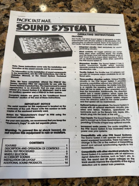 PFM-PACIFIC FAST MAIL SOUND SYSTEM II-OPERATING INSTRUCTIONS MANUAL